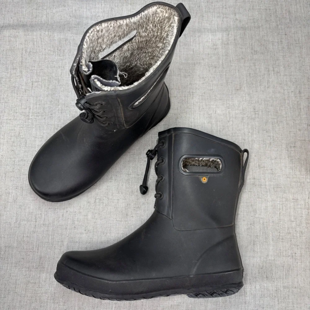 Bogs Amanda Plush II Black Rubber Waterproof Lined Rain Boots Pull On Big Kids 7